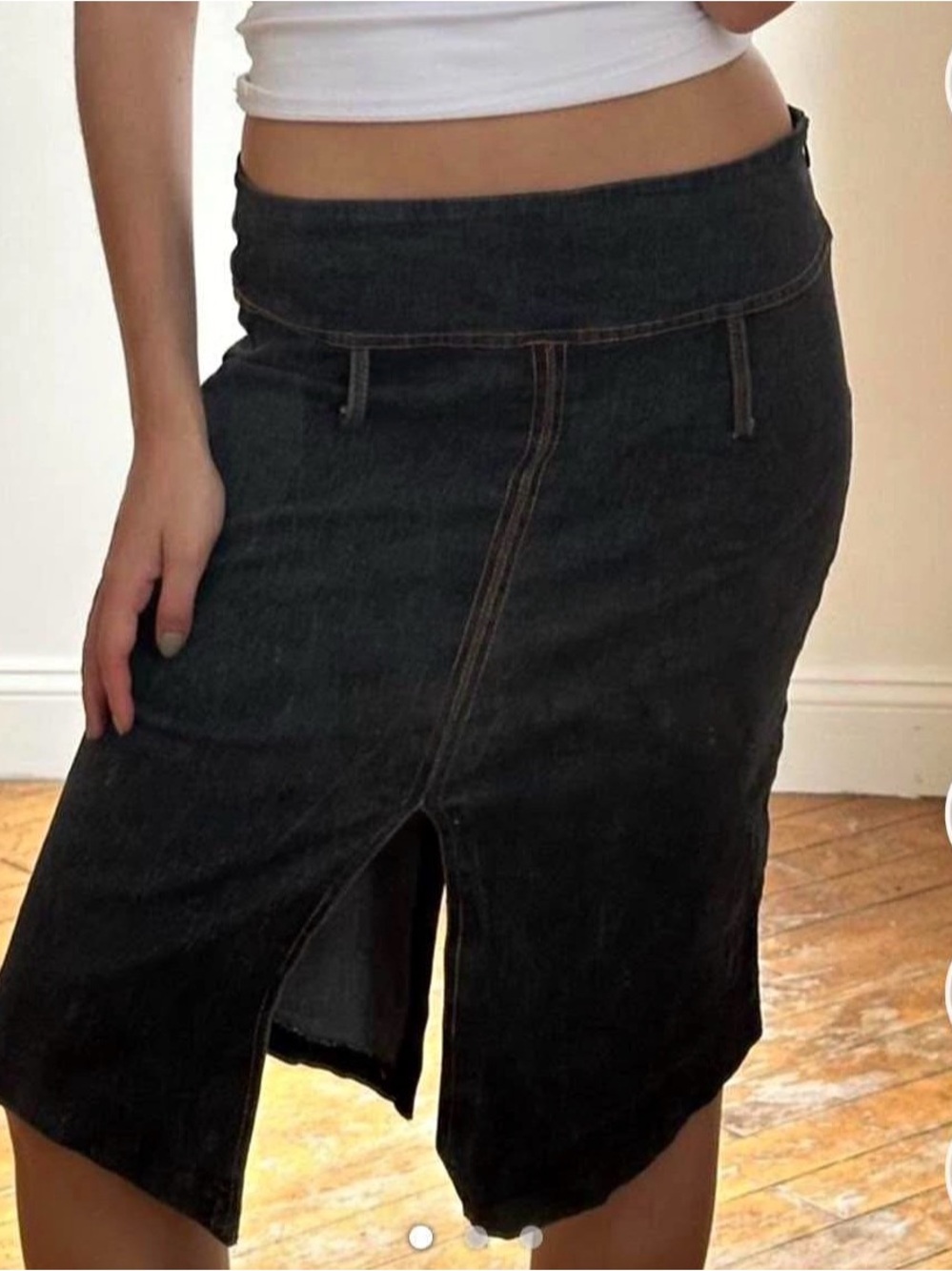 Vintage Black Denim Midi Skirt with Slits